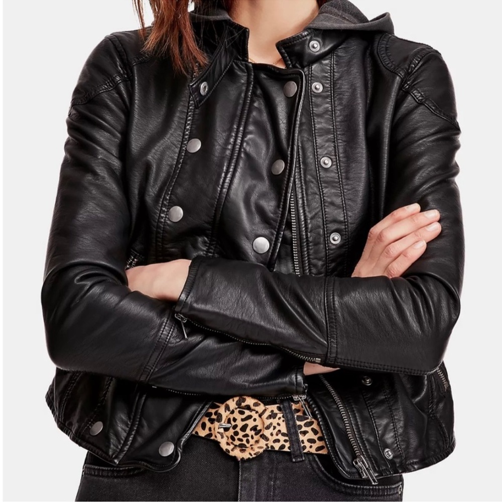 Free people leather jacket with removable hood